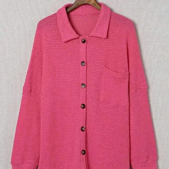 Pink Cute Women's Button Front Waffle Knit Long Sleeve Shacket - Picture 3 of 3